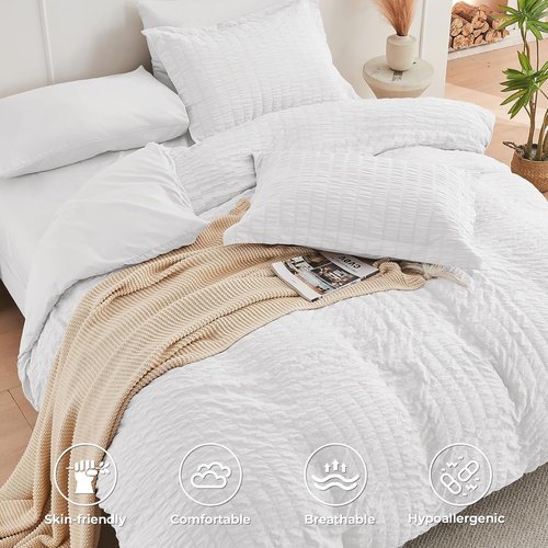 HYMOKEGE King Size Comforter Set - Luxury 7-Piece All-Season Bedding in White with Sheets & Pillowcases