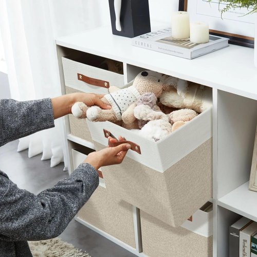 DECOMOMO Fabric Cube Storage Bins - Stylish Storage Baskets for Kallax & Cubbies | Beige & White, 11-Inch Cube - 4 Pack