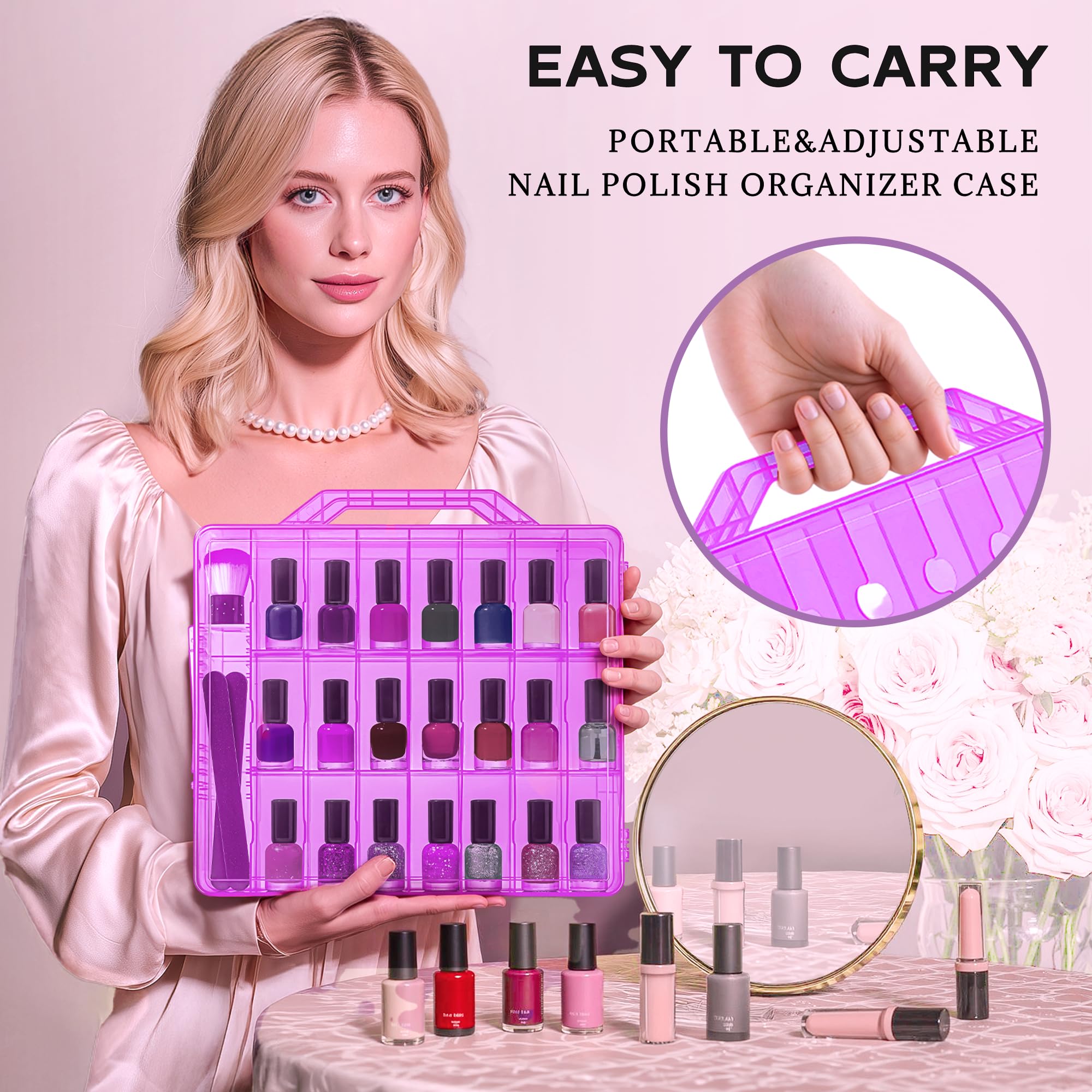 DreamGenius Nail Polish Organizer Case for 48 Bottles with 2 Nail Separators, Double Side Gel Nail Polish Holder with Adjustable Dividers, Purple