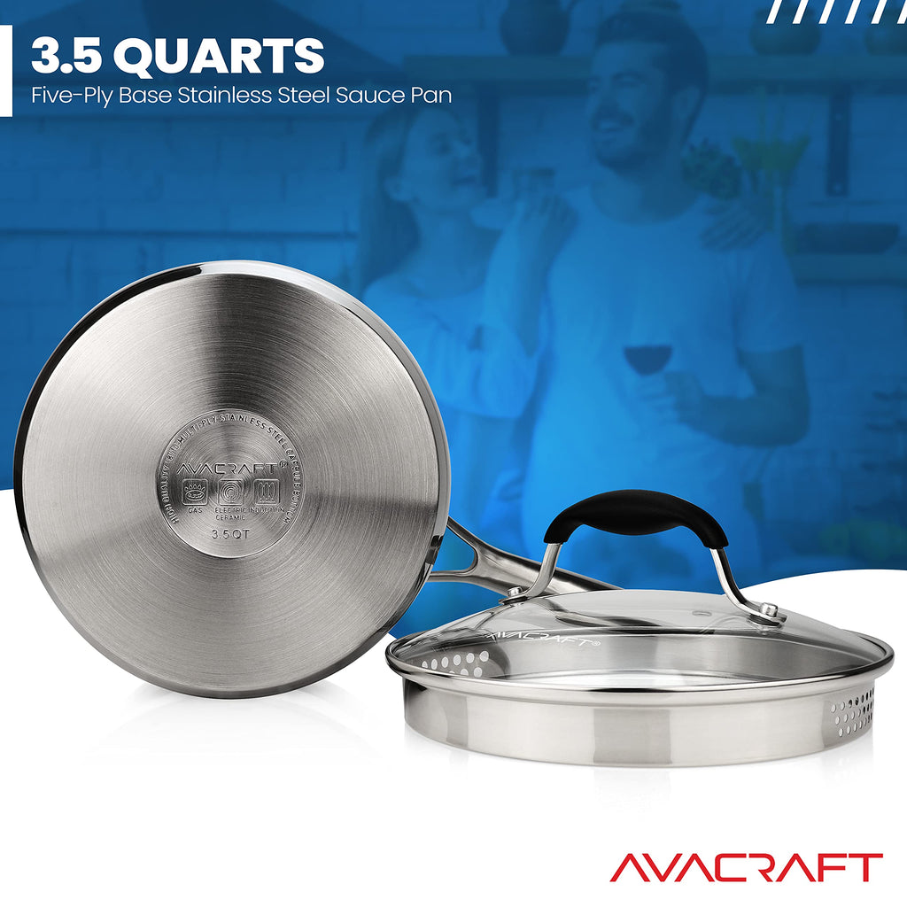 AVACRAFT Stainless Steel Saucepan with Glass Strainer Lid, Two Side Spouts for Easy Pour with Ergonomic Handle, Multipurpose Sauce Pot (5-Ply Capsule Bottom, 3.5 Quart)