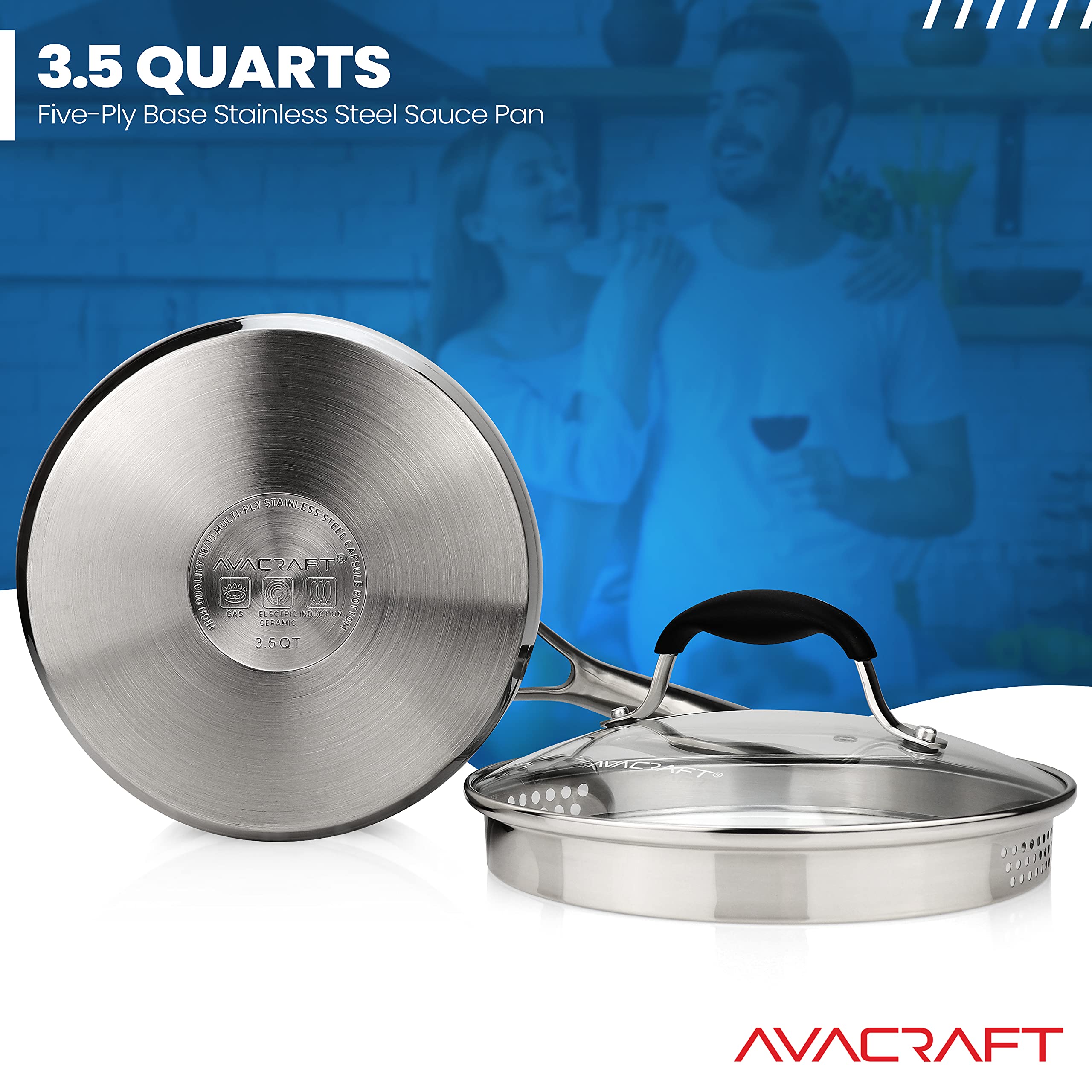 AVACRAFT Stainless Steel Saucepan with Glass Strainer Lid, Two Side Spouts for Easy Pour with Ergonomic Handle, Multipurpose Sauce Pot (5-Ply Capsule Bottom, 3.5 Quart)