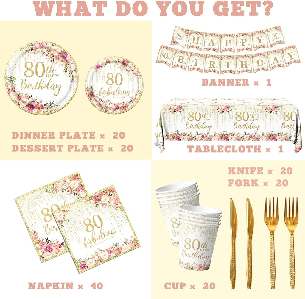 Regine Switzerland 80th Birthday Party Tableware Set - 142 Pcs Rose Gold Decorations | Plates, Napkins & Banner