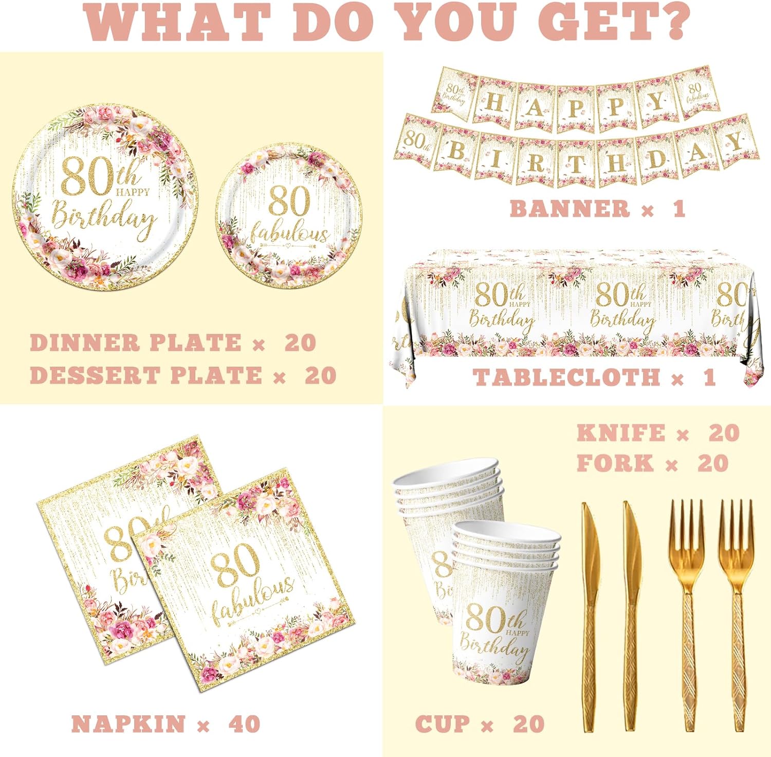 Regine Switzerland 80th Birthday Party Tableware Set - 142 Pcs Rose Gold Decorations | Plates, Napkins & Banner