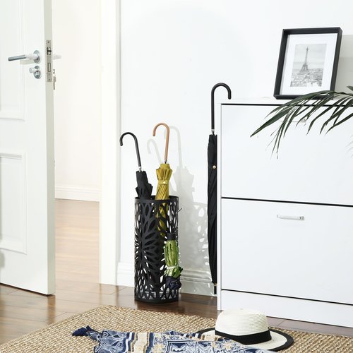SONGMICS Umbrella Stand, Umbrella Holder for Entryway, Steel Round Umbrella Rack Freestanding, for Canes Walking Sticks, with a Detachable Drip Tray, 2 Long and 2 Short Hooks, Matte Black ULUC022B01