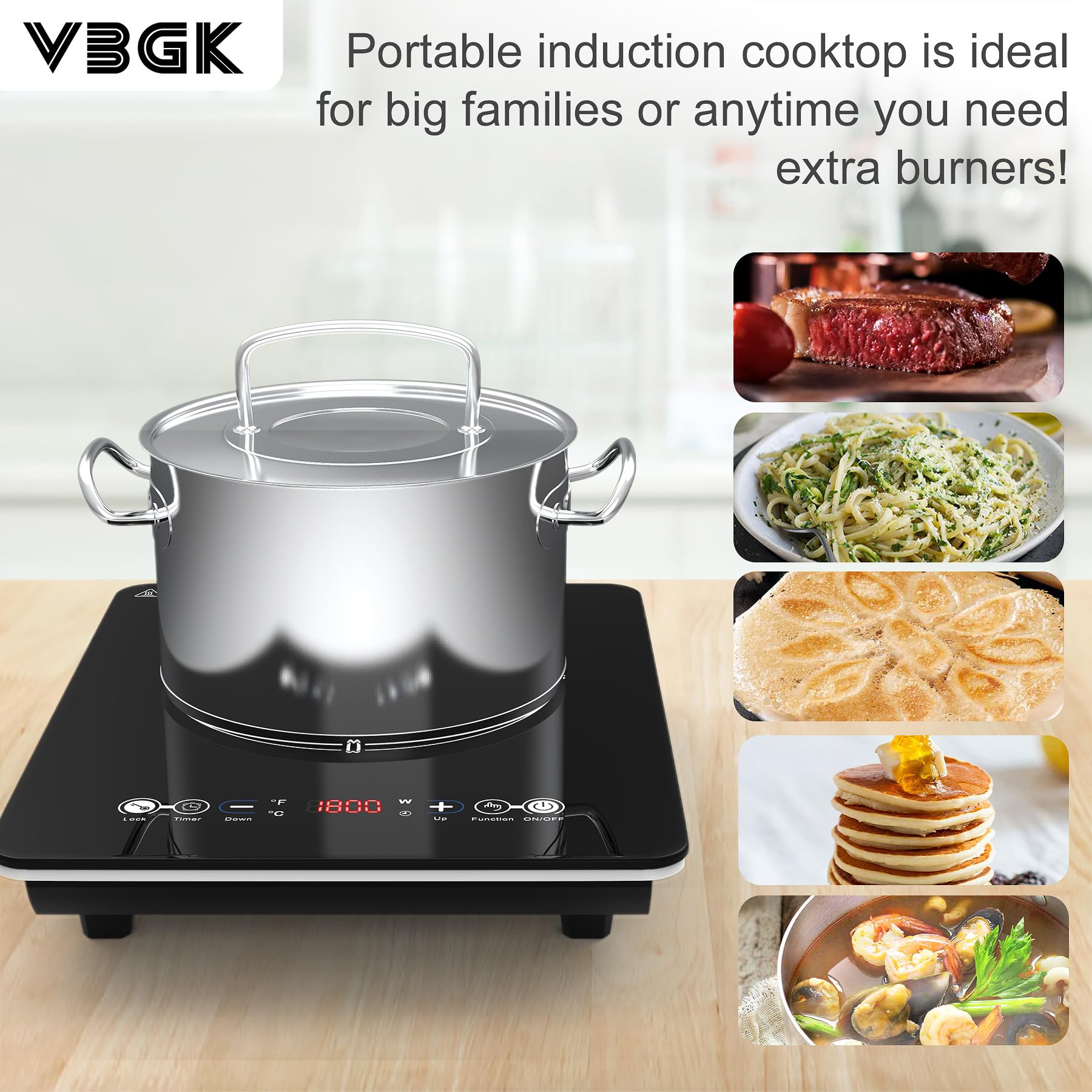 VBGK Portable Induction Cooktop With Ultra Thin Body, Low Noise Hot Plate With 1800W Sensor Touch Single Electric Cooktops Countertop Stove With 9 Temperature & Power Levels, 3-hour Timer, Safety Lock