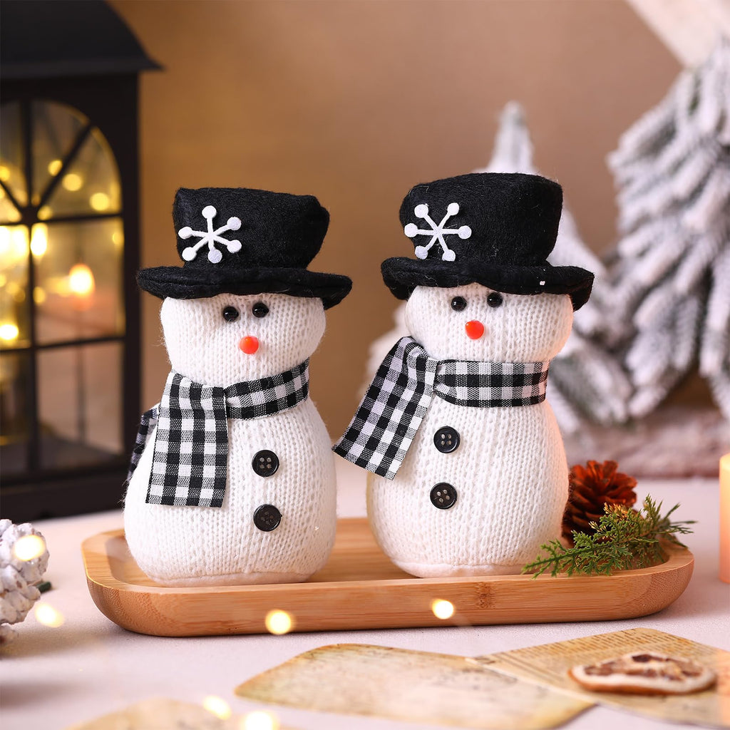 SmoothNovelty 2 Pcs Winter Snowman Plush Toys 6'' Snowman Figurines with Black and White Checkered Scarf Christmas Snow Man Table Centerpieces for Holiday Winter Home Table Fireplace Decor