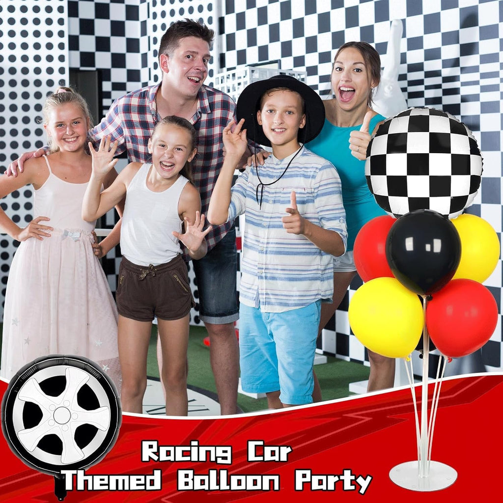 Race Car Party Balloons Kit - 2 Sets with Checkered Foil Balloons | Red, Black & Yellow Birthday Decor for Boys
