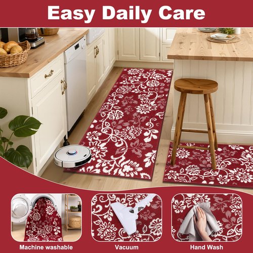 LOKHOM Christmas Kitchen Rugs Sets of 3, Non Slip High-Low Textured Red Kitchen Mats for Floor with Rubber Backing, Paisley Floral Washable Carpet Runner for Hallways Sink Holiday Decor (Red & White)