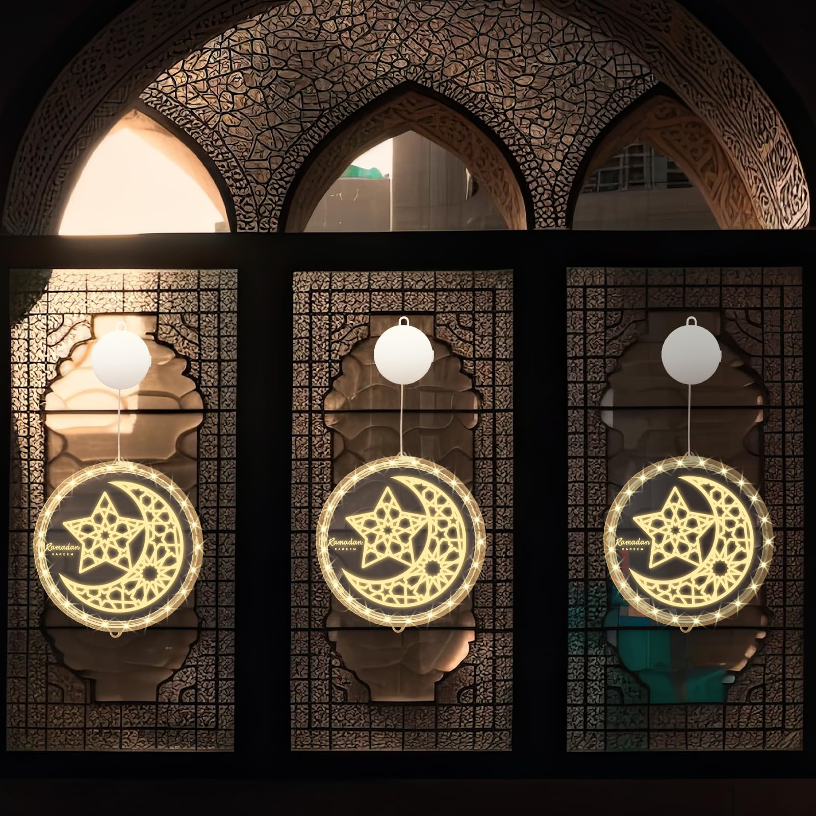 ALIBBON 3D Ramadan Kareem Lights Moon Star LED Lights Eid Mubarak Window Lights Islamic Muslim Style Hanging Lights with Suction Cup Battery Operated Eid Lights Ramadan Decorations for Home