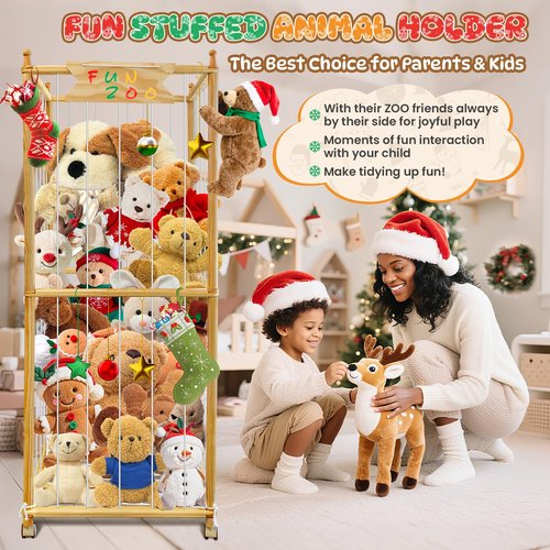 Large Stuffed Animal Storage, 550L Wood Plush Toy Storage With Wheels, Kids Plushies Storage With Thicker Elastic Band, Stuffed Animal Organizer For Playroom, Bedroom, Nursery(22.5in*22.5in*66.4in)