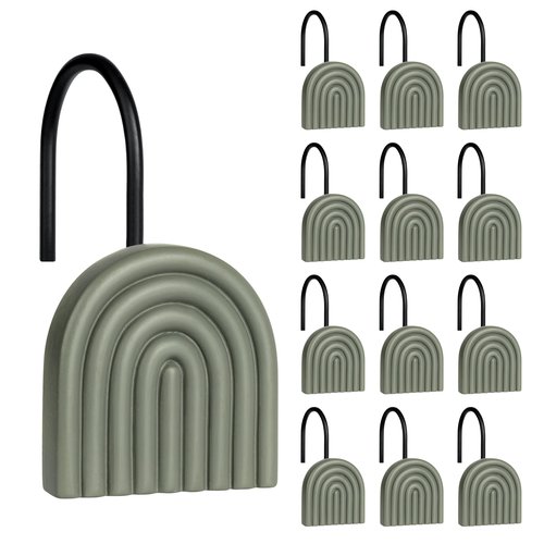Sunlit Mid Century Modern Arch Decorative Shower Curtain Hooks, Farmhouse Geometric Grayish Green Shower Curtain Rings for Bathroom, Resin, Boho Shower Curtain Hangers Home Decor