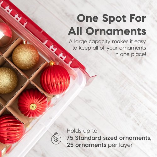 IRIS USA Ornament Storage Box - Stackable 2-Pack for 75 Ornaments | Durable Clear/Red Holiday Organizer
