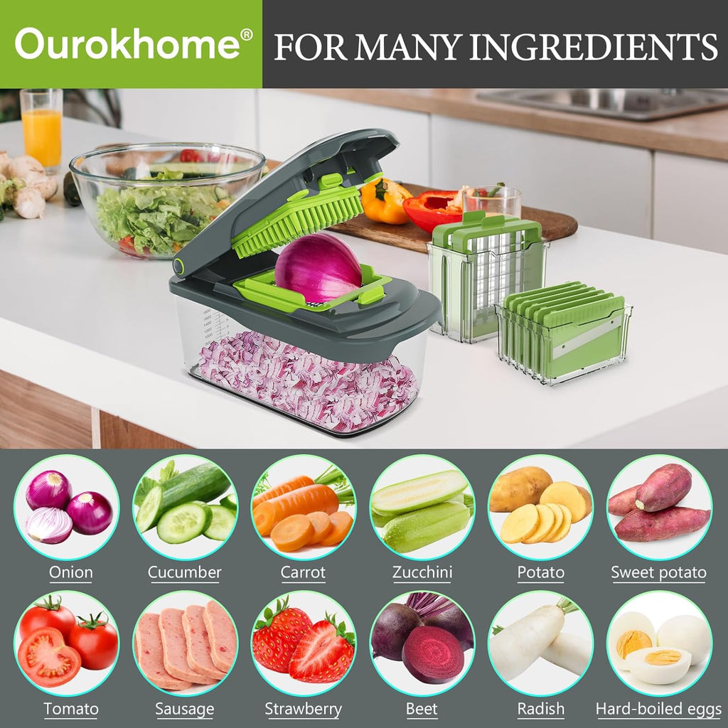 Ourokhome Food Chopper - Manual Handheld Vegetable Slicer with 8 Blades | Essential Kitchen Gadget (Gray)