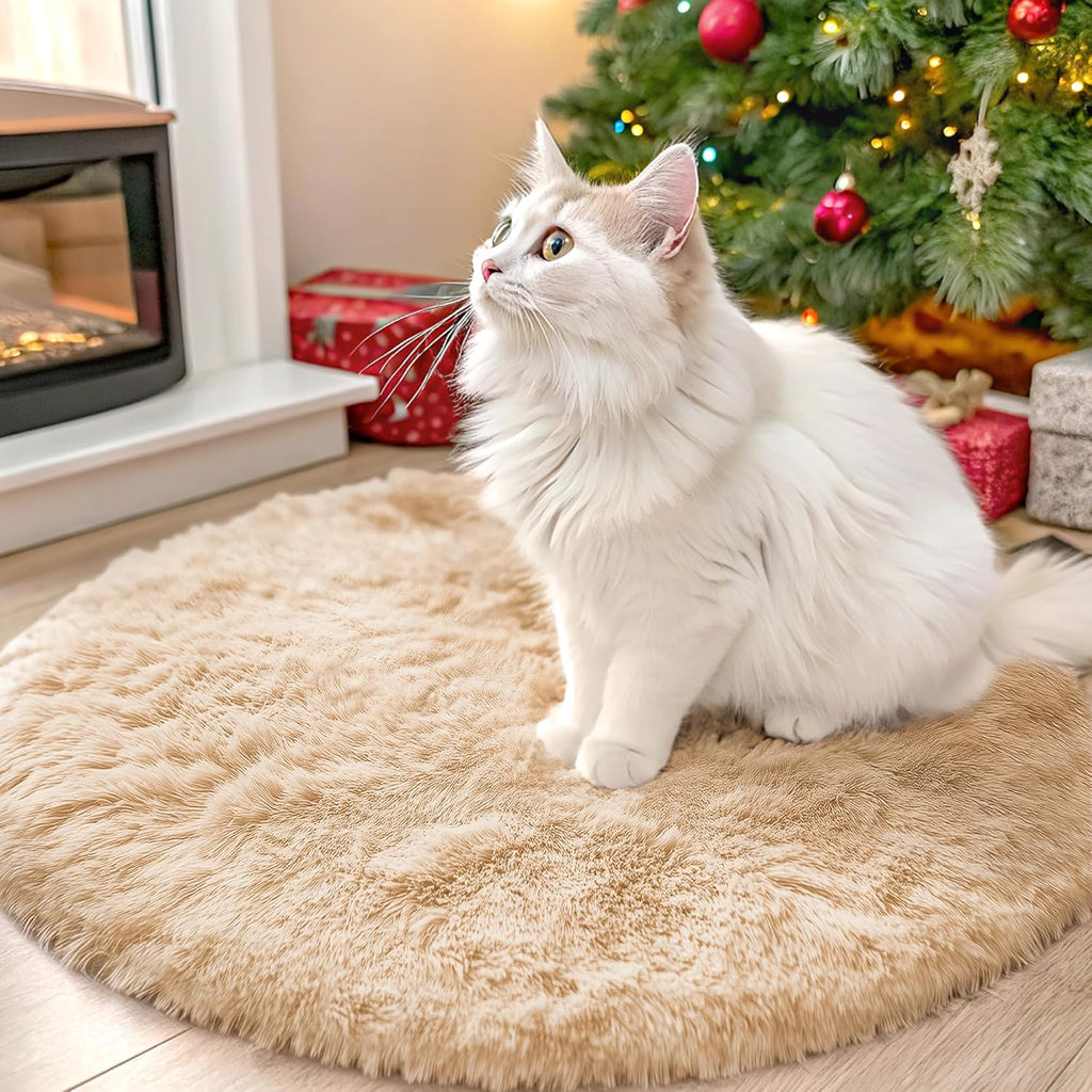 OLANLY Round Beige Area Rug - Soft, Machine Washable 2 ft Shaggy Carpet for Bedroom & Nursery Decor