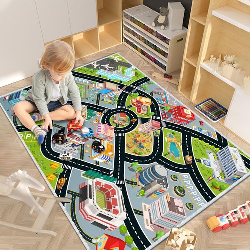 Kids Car Rug, Carpet Playmat for Toy Cars and Train, Road Traffic Play Mat for Kids, Play Area Rug with Non-Slip Backing, Ideal Gift for Children's Room playroom(2.6×3.9ft/31×47in)