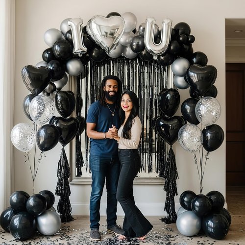 I Love You for Him/Her Balloon Black Silver Balloon with Heart Shaped Balloons Black Artificial Rose Petals Romantic Decoration Kit Perfect for Anniversaries Proposals Valentine's Day