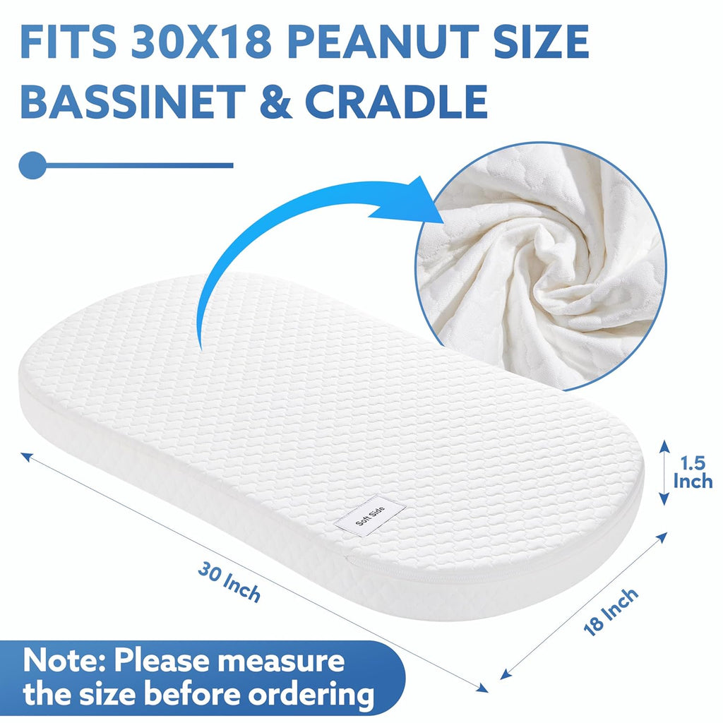 Pro Goleem Baby Bassinet Mattress Pad - Waterproof Soft Gel Memory Foam, 30"x18" Dual-Sided Design
