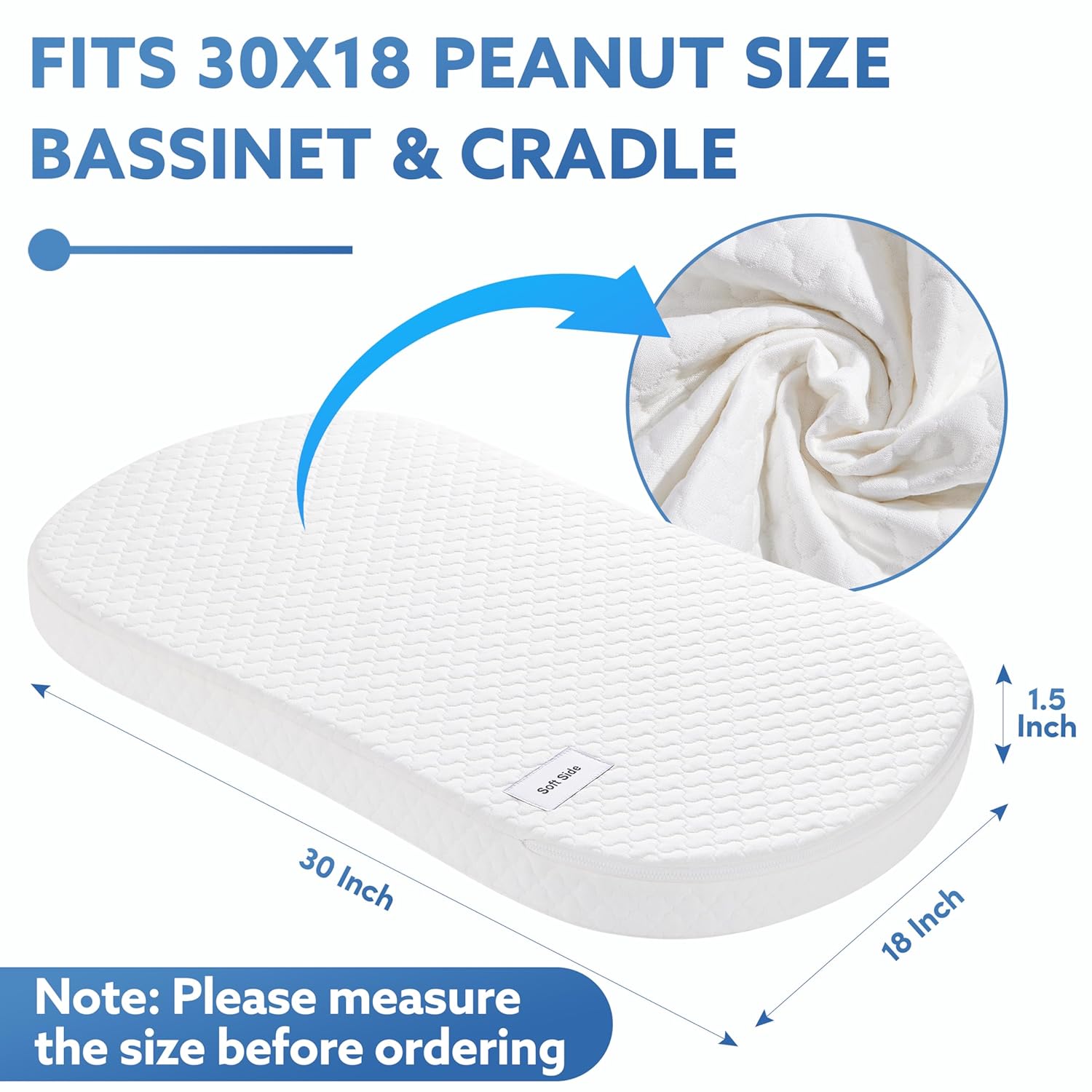 Pro Goleem Baby Bassinet Mattress Pad - Waterproof Soft Gel Memory Foam, 30"x18" Dual-Sided Design
