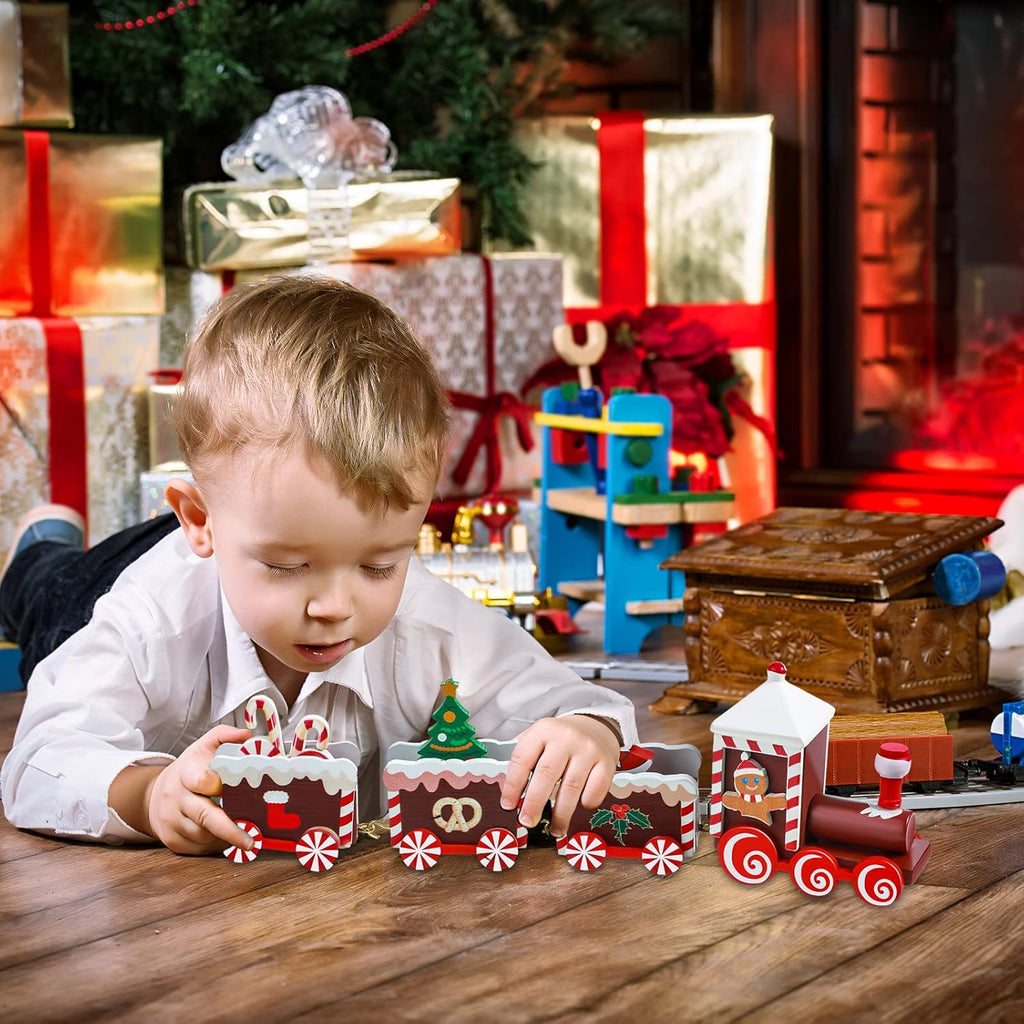 Yulejo Christmas Train | Painted Wooden Decoration for Festive Table Top | Santa Claus, Red