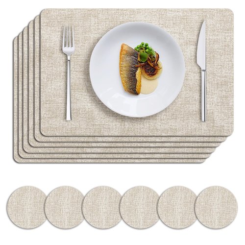 MOSAYT Faux Leather Placemats Set of 6, Heat Resistant Wipeable Washable Vinyl Place Mats with Coasters, Waterproof Oil Proof Table Mats for Kitchen Dining Party Indoor Outdoor, 12" x 17", Beige