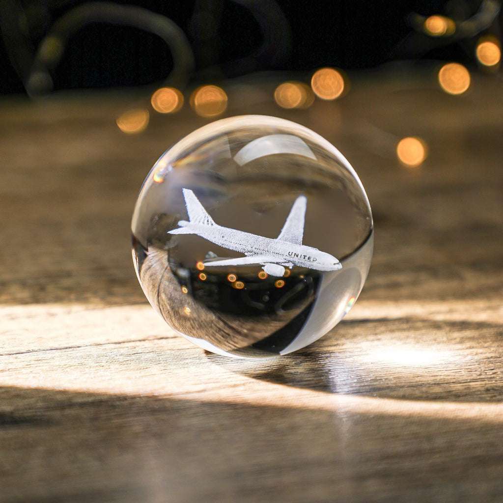 HDCRYSTALGIFTS 60mm 3D Lase Engraved Airplane Crystal Ball with Stand Glass Sphere Plane Paperweight Decor Pilot Gifts for Men Women