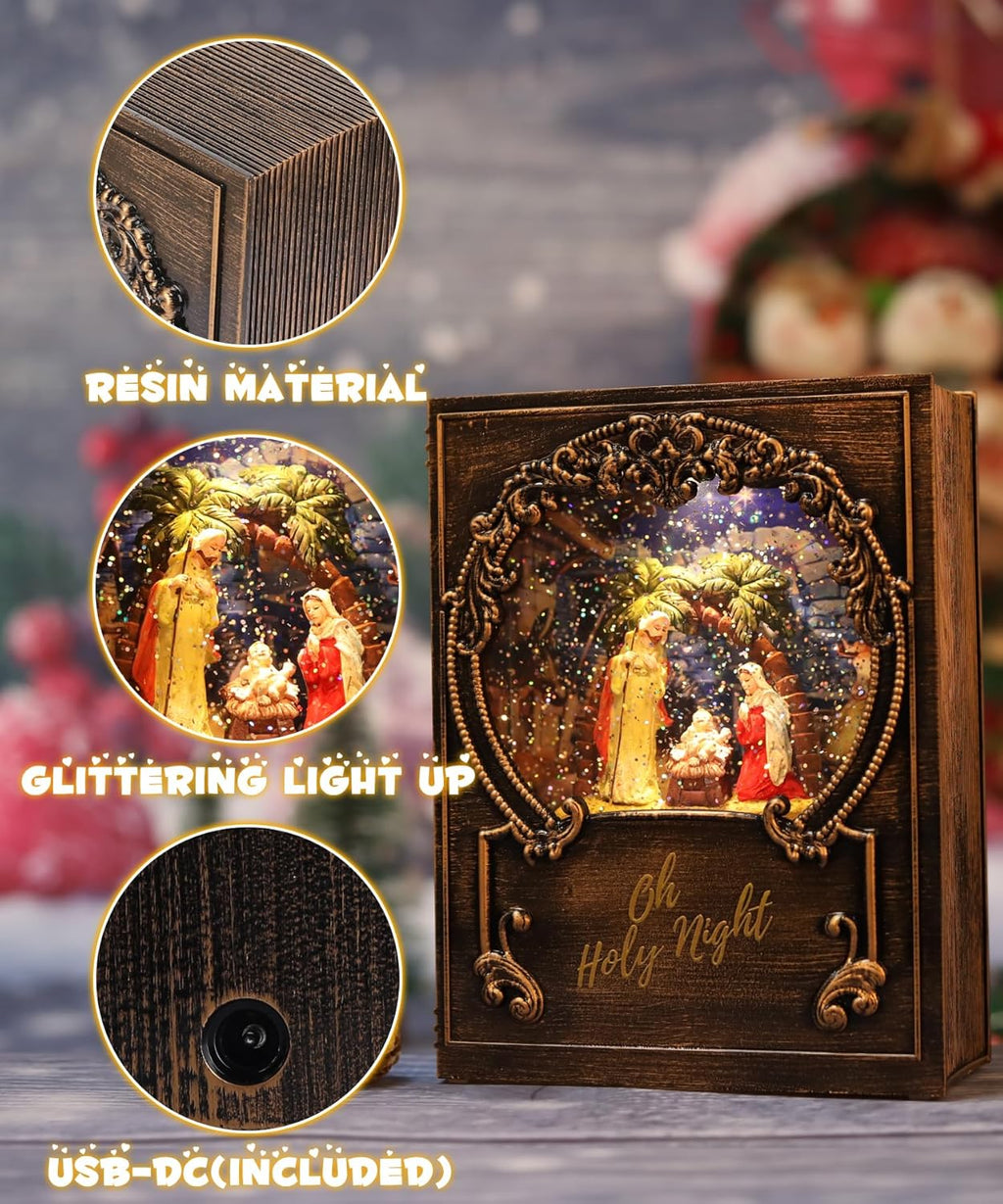 Regine Switzerland Christmas Snow Globe - Nativity Scene with Music & Timer | USB & Battery Operated Decor