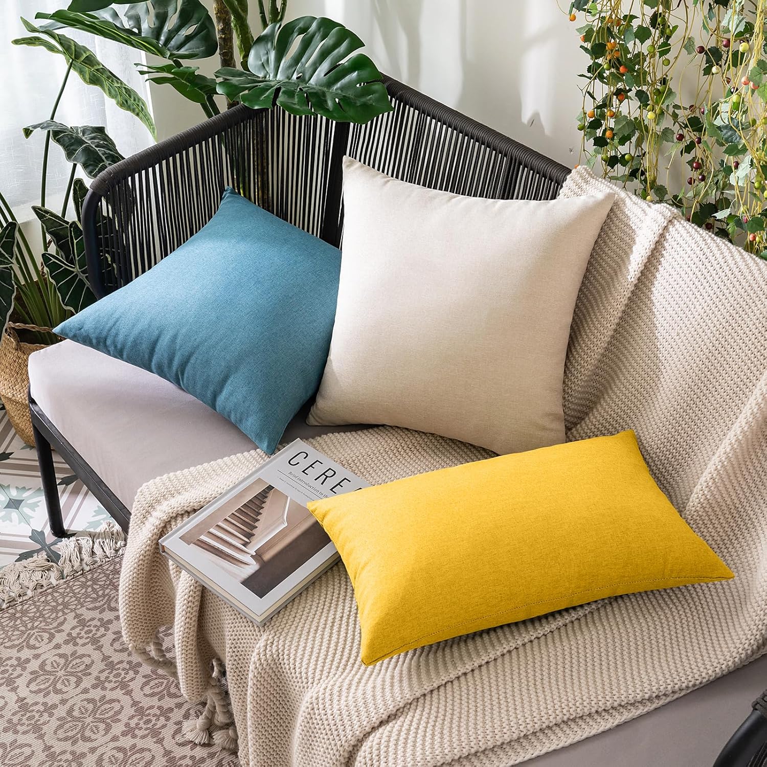 MIULEE Decorative Outdoor Throw Pillow Covers - Waterproof Faux Linen Cushion Cases | 16x16 Inch Mustard Yellow (Pack of 2)