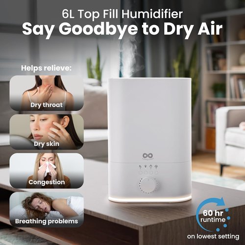 Everlasting Comfort 6L Humidifier - High Mist Output & 60 HR Runtime | Easy Clean Ultrasonic for Home & Baby