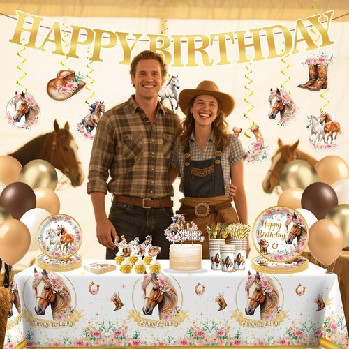 Xynic 211 Pcs Horse Party Decorations, Cowgirl Birthday Party Decorations Includes Plates, Banner, Cups, Napkins, Hanging Swirl, Tablecloth, Horse Birthday Decorations for Girls