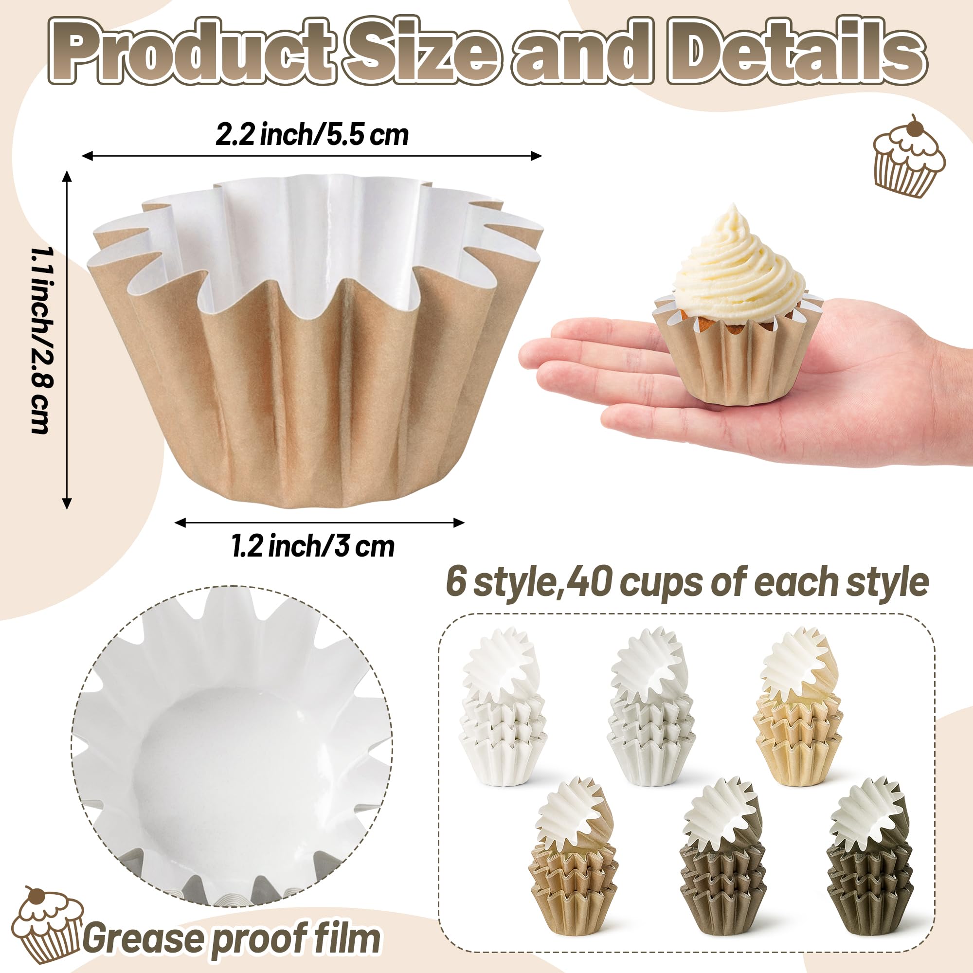Mini Size Cupcake Liners - 240 Counts Coffee Tan Grease-Resistant Muffin Baking Cups, Bulk Brown Neutral Disposable Paper Cupcake Wrappers for Celebration Gathering Baby Shower Birthday Party Supplies
