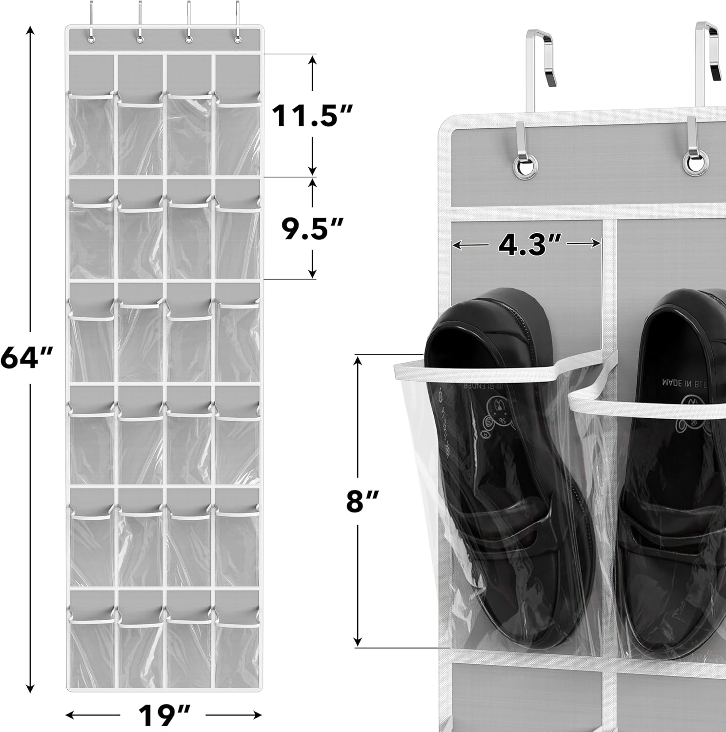 Simple Houseware 24 Pockets - Over The Door Hanging Shoe Organizer | Crystal Clear, Gray (64'' x 19'')
