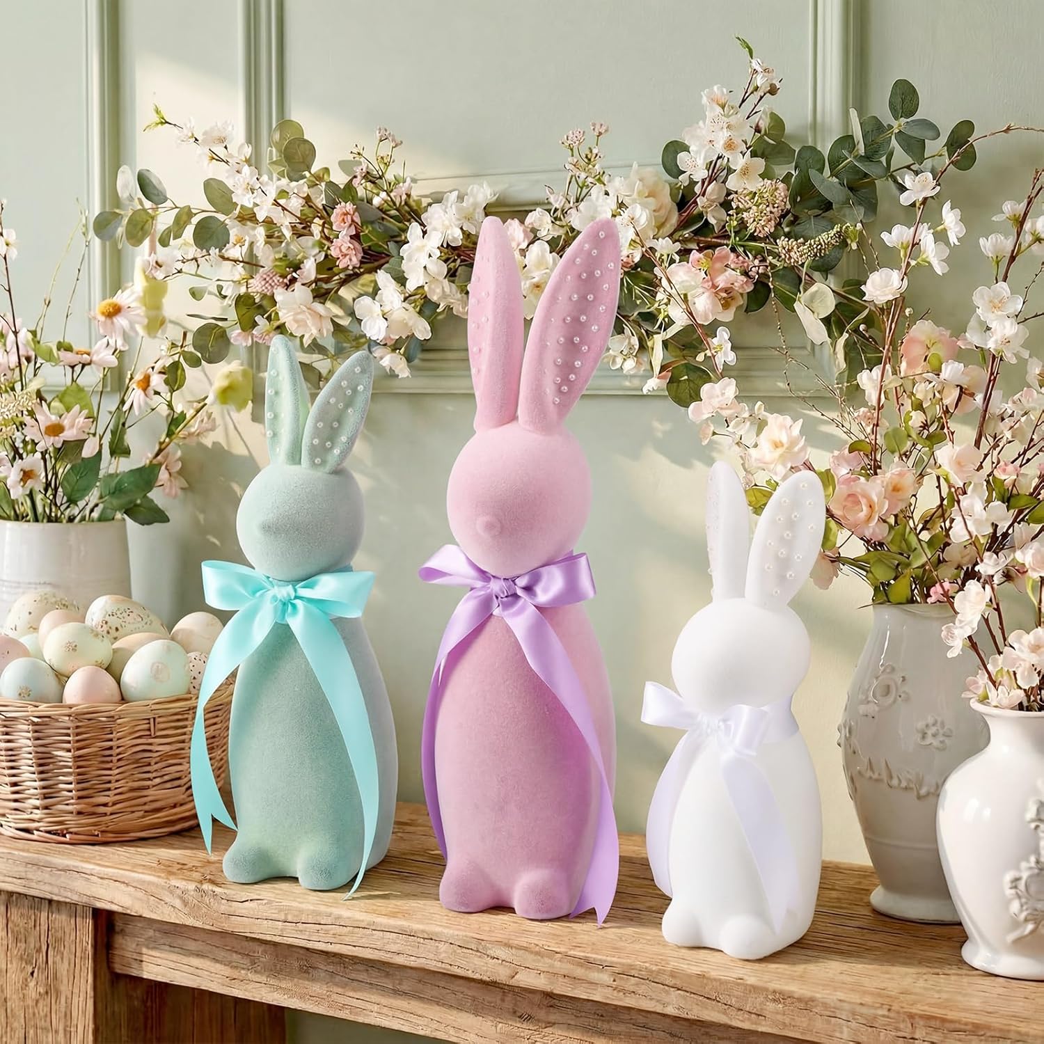 Wesiti Flocked Bunny Easter Decorations - 3 Pack Pastel Bow Table Centerpieces (8", 10", 12")