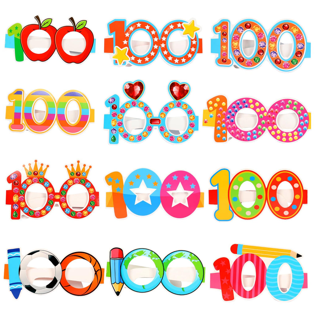 YVAINE 24 Pcs 100 Days of School Party Glasses,Funny Happy 100th Day of School Paper Novelty Glasses Photo Booth Props Frames,100 Days Smarter Costume Supplies Hooray 100 Days Party Eyeglasses