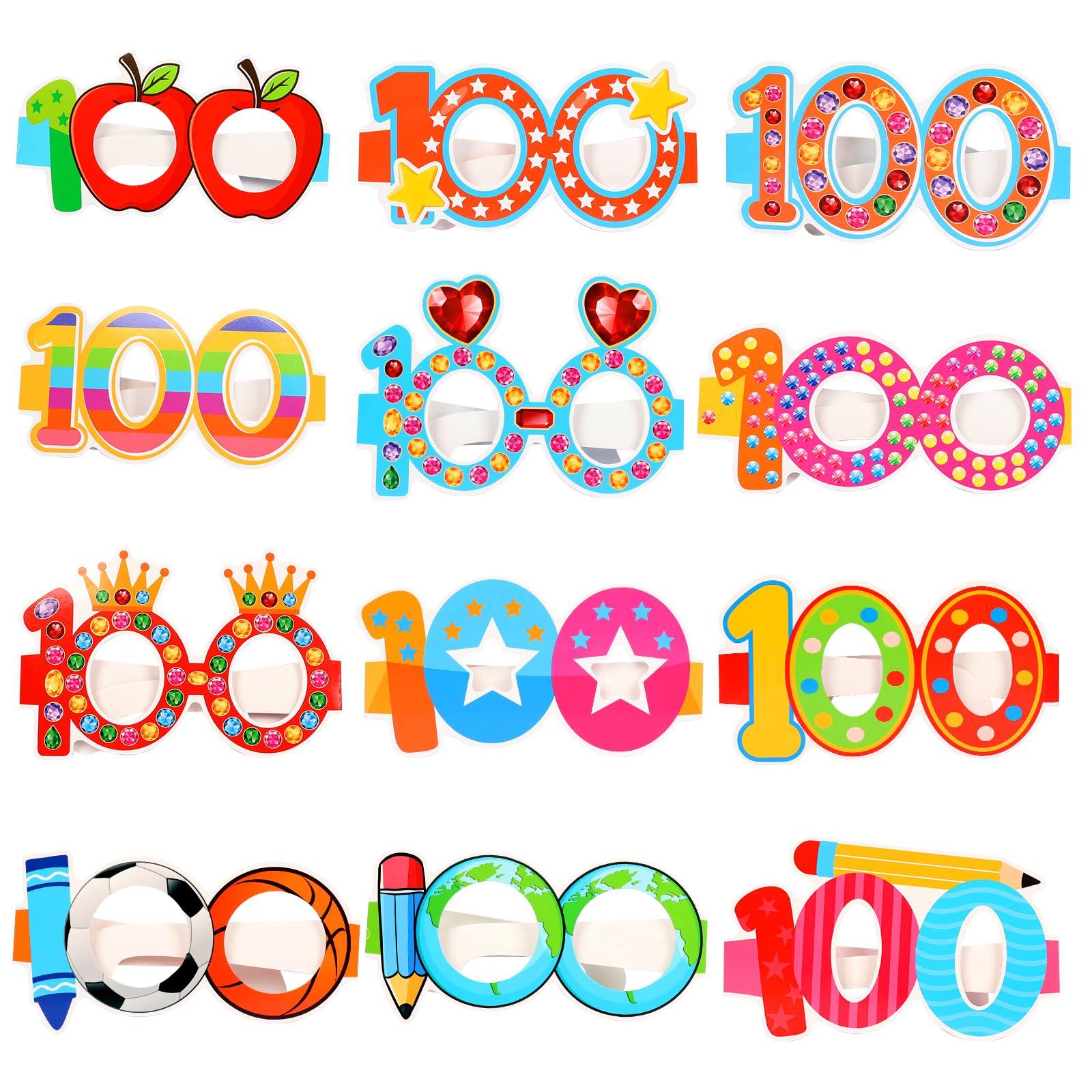 YVAINE 24 Pcs 100 Days of School Party Glasses,Funny Happy 100th Day of School Paper Novelty Glasses Photo Booth Props Frames,100 Days Smarter Costume Supplies Hooray 100 Days Party Eyeglasses