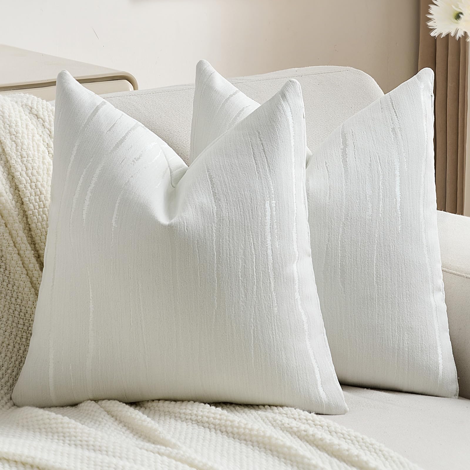 FUTEI White Chenille Decorative Throw Pillow Covers 18x18 Inch Set of 2,Soft Embossed Striped Textured Cushion Case,Modern Home Decor for Couch Bed Living Room