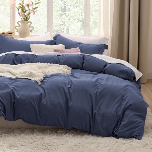 Bedsure Navy Blue Duvet Cover Set - Soft Cotton-Like Polyester Bedding, Full Size 3 Pieces, 80x90 Inches