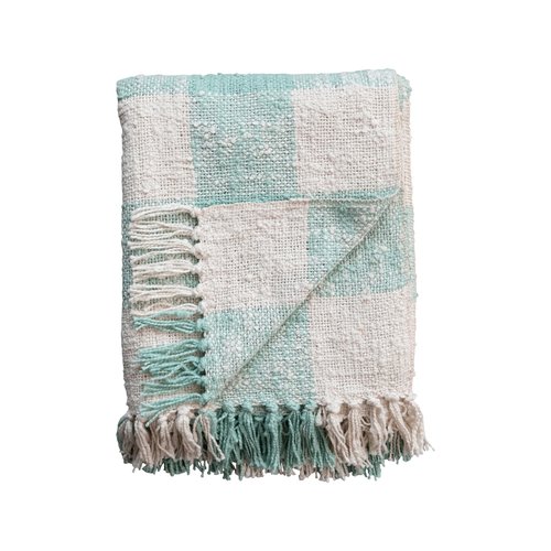 Creative Co-Op Hand-Woven Cotton Throw with Plaid Pattern and Fringe, Mint and Cream