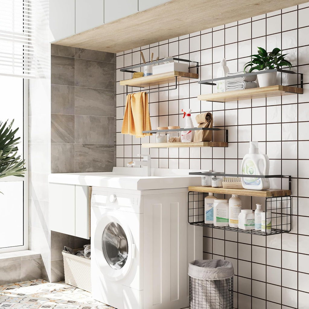 Wood Floating Shelves - Rustic Wall-Mounted 4-Tier Bathroom Shelves with Wire Basket & Towel Bar