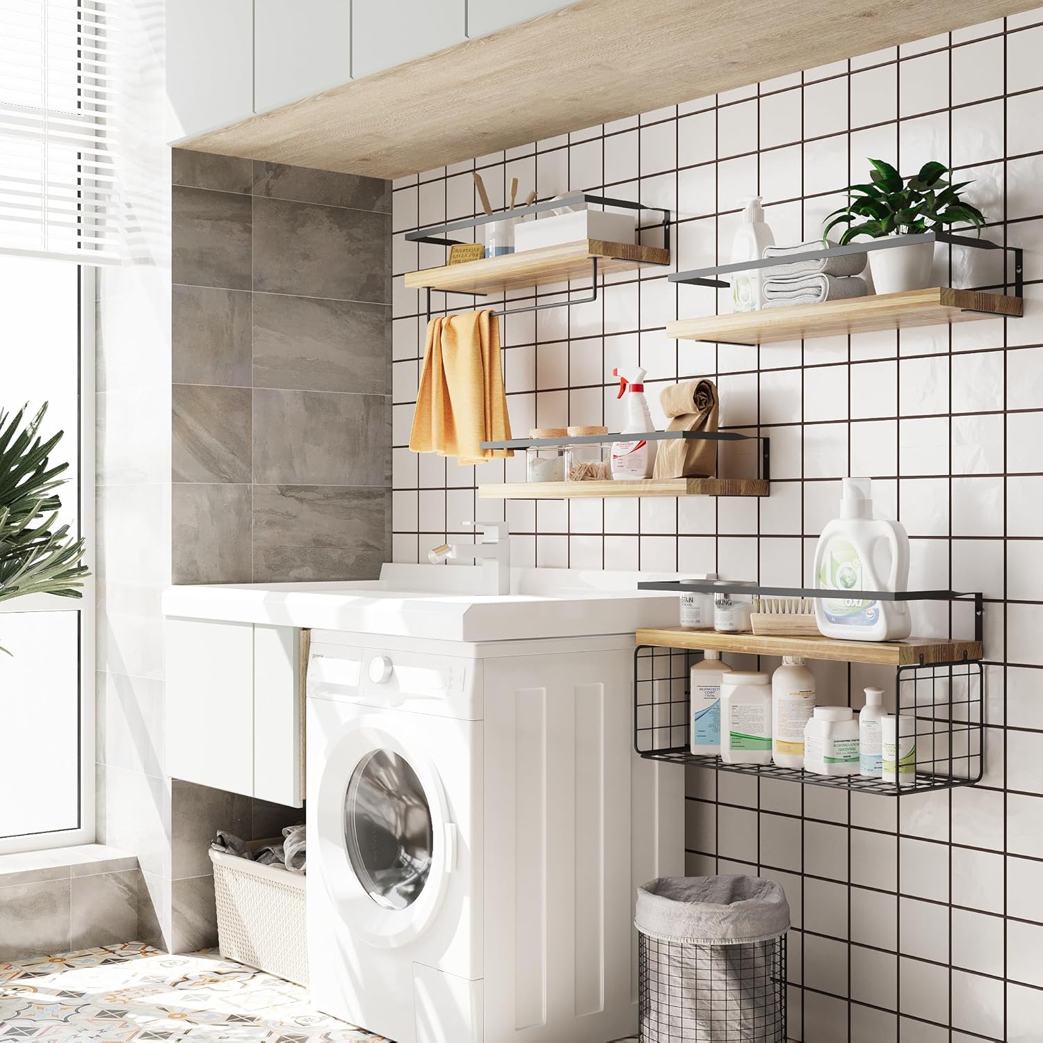Wood Floating Shelves - Rustic Wall-Mounted 4-Tier Bathroom Shelves with Wire Basket & Towel Bar