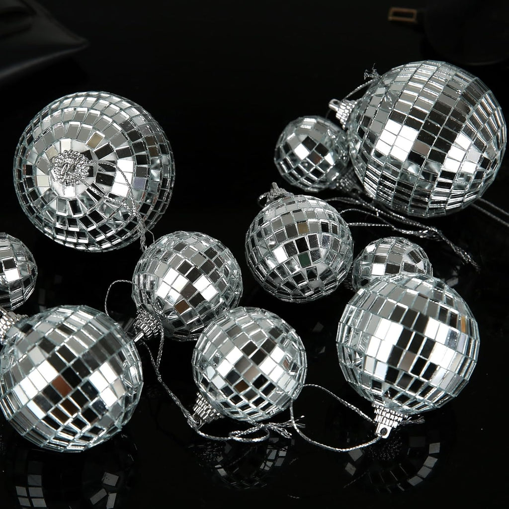 Skiennix 28 Pack Disco Ball Ornaments - Reflective Silver Hanging Decorations for Parties & Events