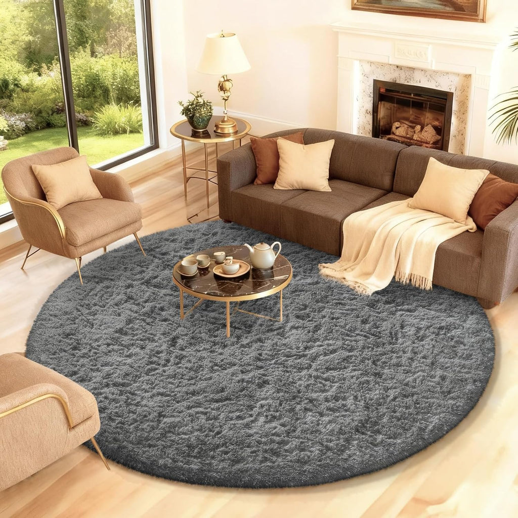 Ophanie Round Rug - 7Ft Grey Plush Shag Area Rug | Soft Fluffy Carpet for Living Room & Nursery