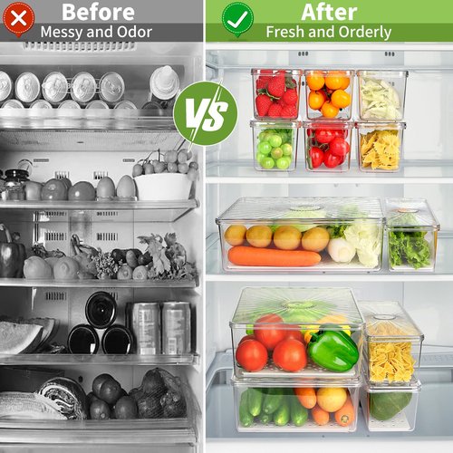 CANTAMI 13 Pack Fridge Organizers Bins and Storage, PBA Free Refrigerator Organizer with Lids, Stackable Food Storage Bins for Kitchen, Countertops, Cabinets, Fridge, Drinks, Fruits, Vegetable