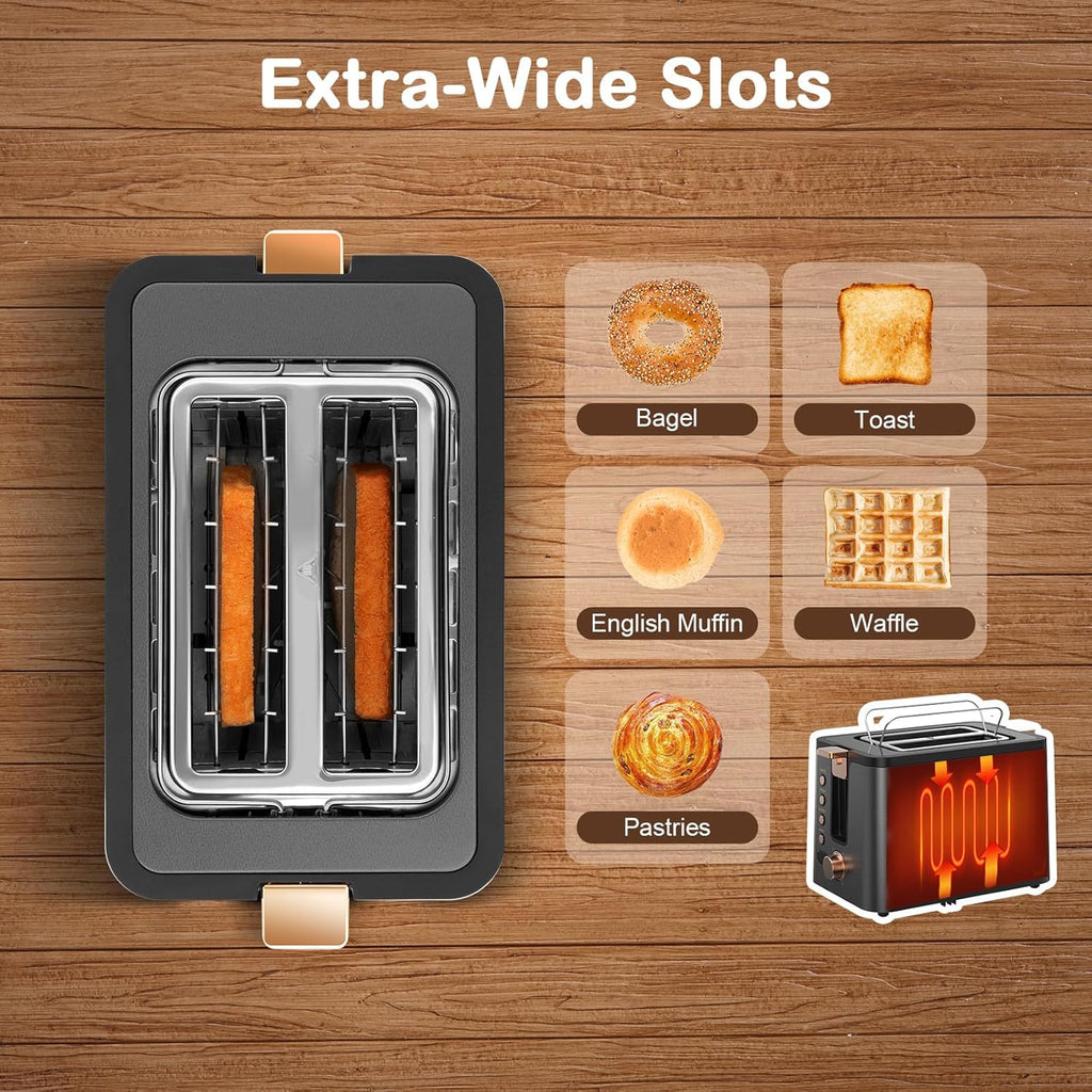 Mecity 2-Slice Stainless Steel Toaster - Extra Wide Slots, 6 Browning Settings & Timer | Grey Finish