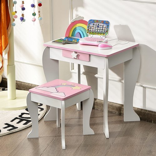 OLAKIDS Kids Vanity, 2 in 1 White Princess Wooden Table and Chair Set for Toddlers with Detachable Unicorn Mirror, Stool, Storage Drawer, Pretend Beauty Make Up Dressing Play Set for Girls Age 4-9