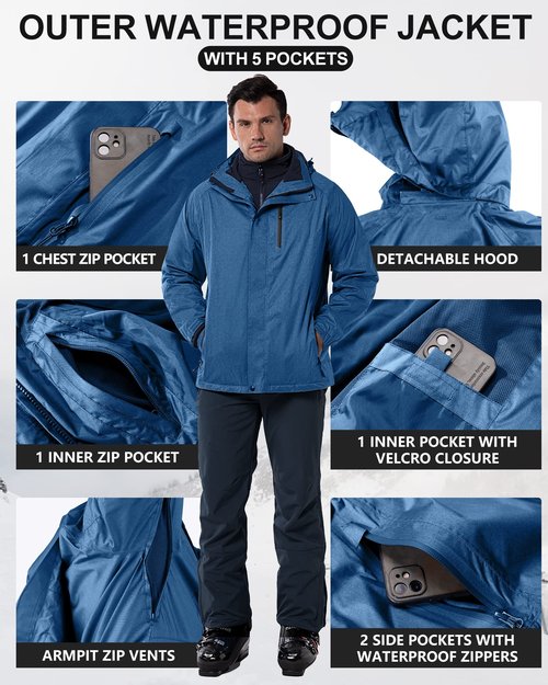 33,000ft Men's Waterproof Jacket Insulated Warm 3-in-1 Ski Snow Winter Coat Windproof Softshell Fleece Raincoat