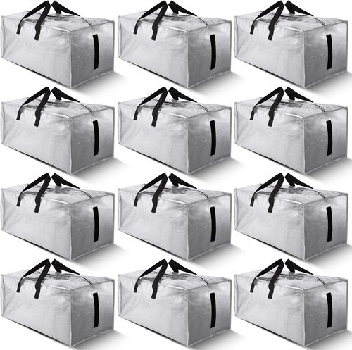 Homesure Large Strong Moving Bags - 12 Pack Water-Resistant Storage Totes with Zippers & Handles | Heavy Duty, Space-Saving Solution (Silver)
