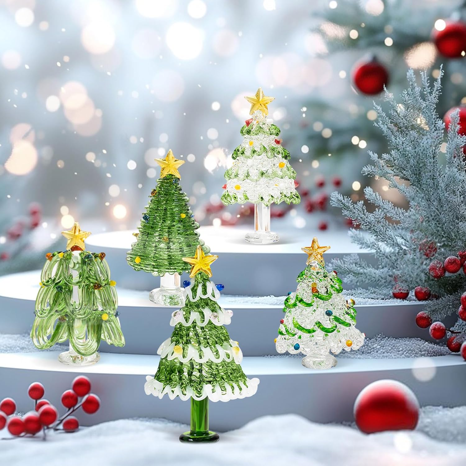 Skiennix Mini Crystal Christmas Tree Figurine - Hand Blown Glass for Festive Home Decor | Winter Ornament