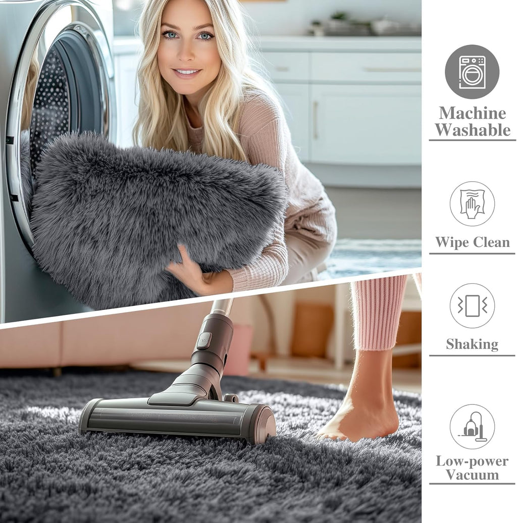 OLANLY Grey Round Area Rug - Soft, Fluffy, Machine Washable 8 ft Circle Carpet for Bedroom & Living Room Decor