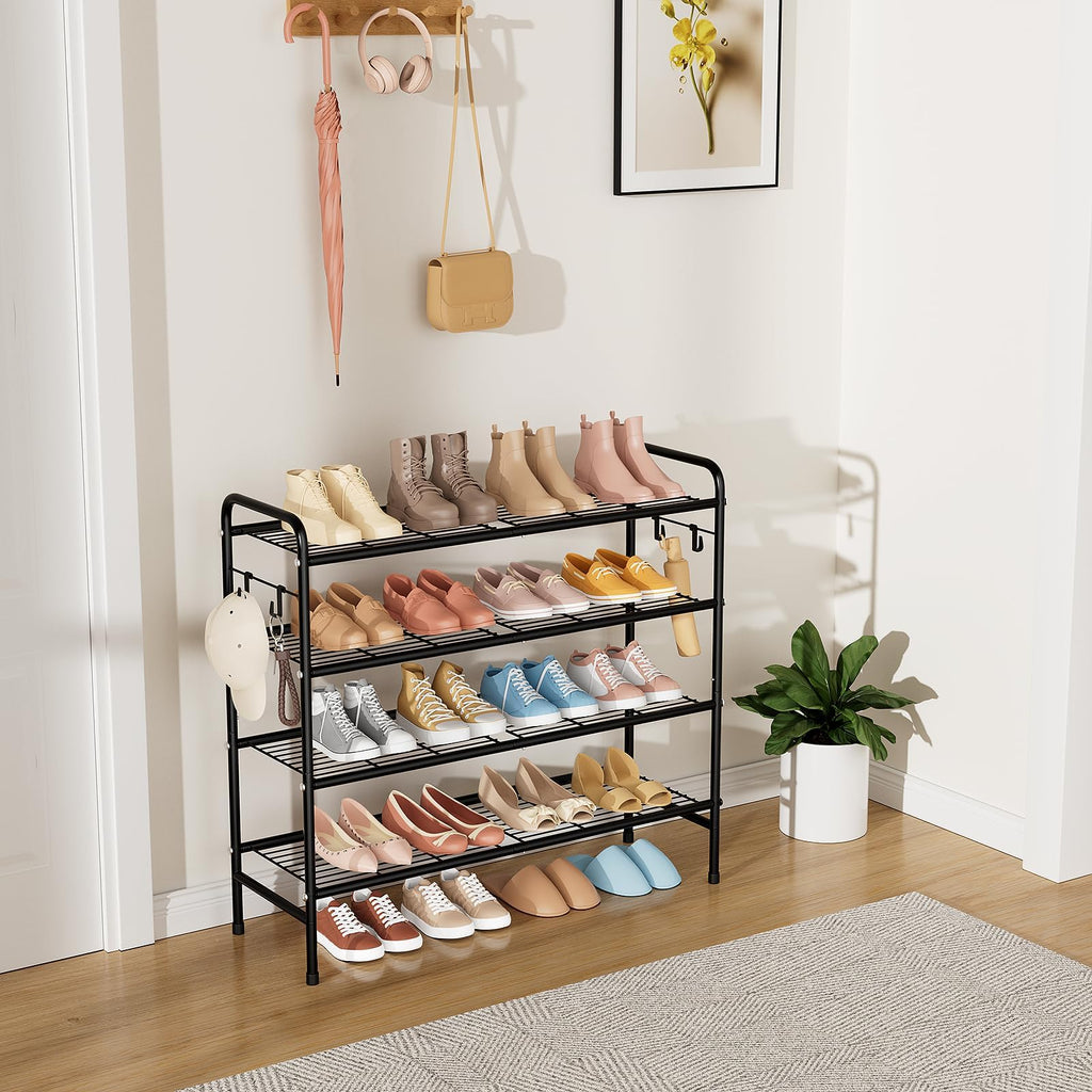 VILICK 4-Tier Shoe Rack 33" Wide Metal Shoe Organizer Long Shoe Storage with 4 Side Hooks Sturdy Shoes Shelf for Closet, Front Door Entrance, Garage, Dorm, Black