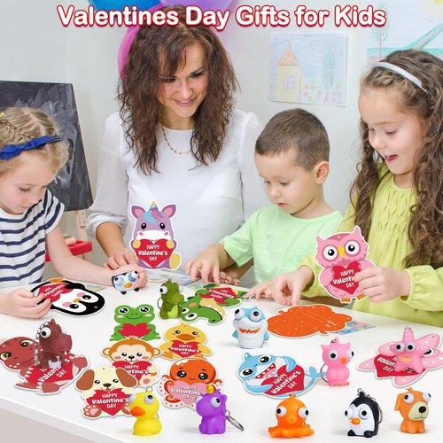 24 Pack Valentines Day Gifts for Kids, Valentines Cards for Kids Classroom with Squeeze Popping Eye Animal Keychain Toys, Class Valentine Exchange Gifts for Kid School, Valentine Party Prizes